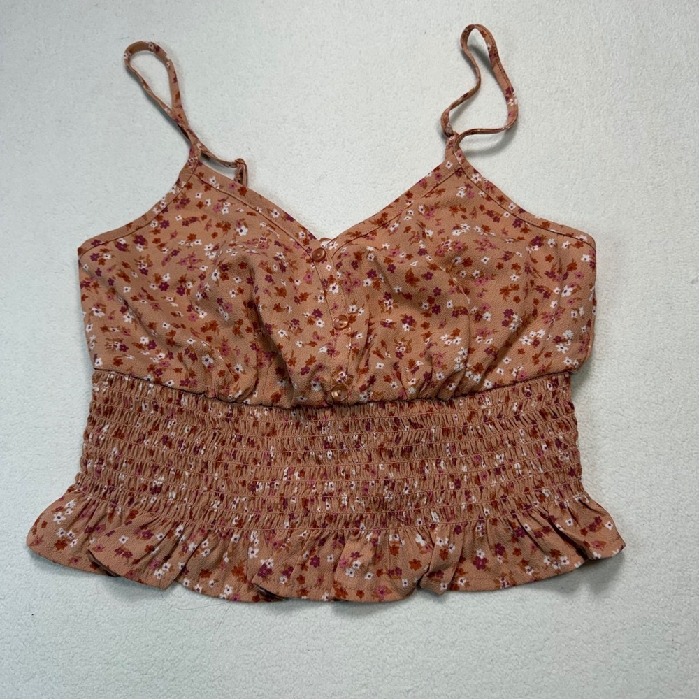 Pink Rose Apricot Ditsy Floral Smocked Peplum Cami Top PF2W11367‎ Small